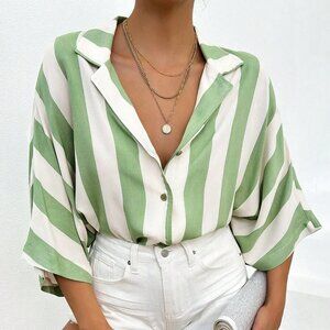 Green Casual Women's Batwing Sleeve Striped Shirt